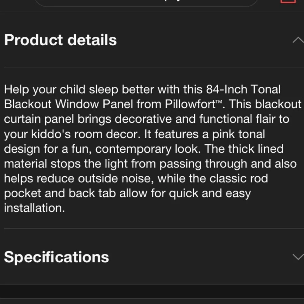 NWT Pillowfort 84” Tonal Blackout Window Panel - Pink